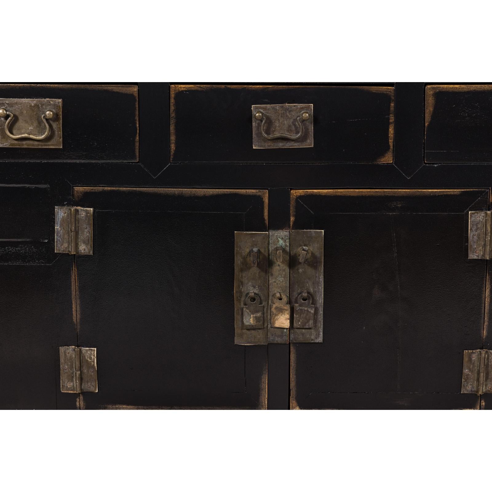 Black Lacquer Sideboard with Rubbed Edges, Brass Hardware, Doors and Drawers