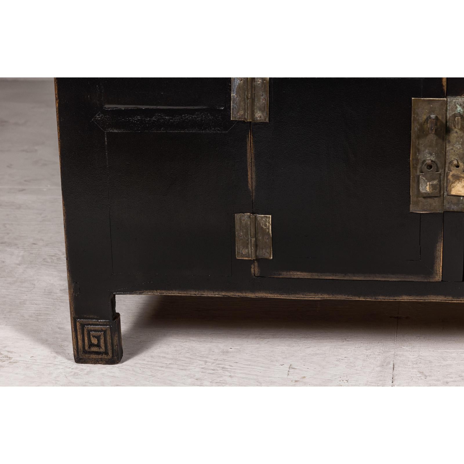 Black Lacquer Sideboard with Rubbed Edges, Brass Hardware, Doors and Drawers