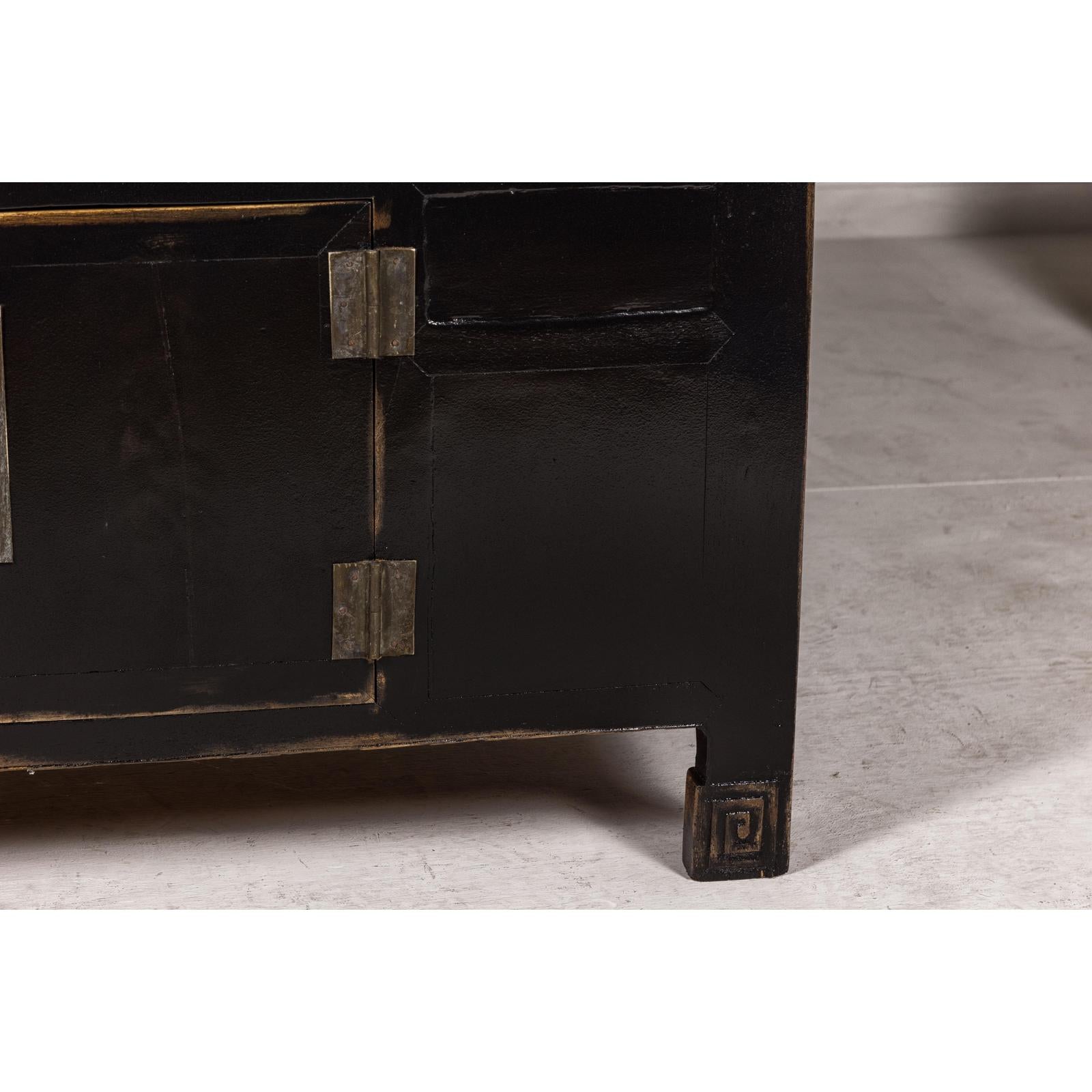 Black Lacquer Sideboard with Rubbed Edges, Brass Hardware, Doors and Drawers