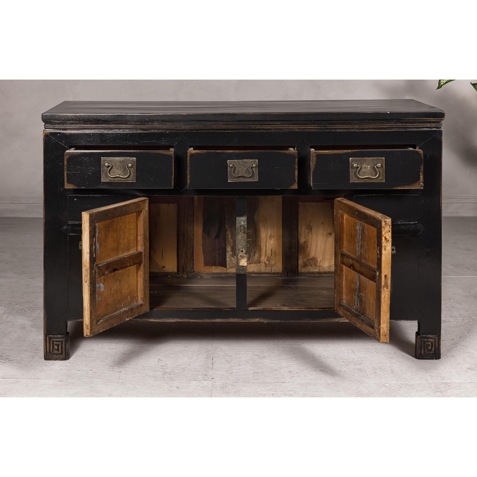 Black Lacquer Sideboard with Rubbed Edges, Brass Hardware, Doors and Drawers