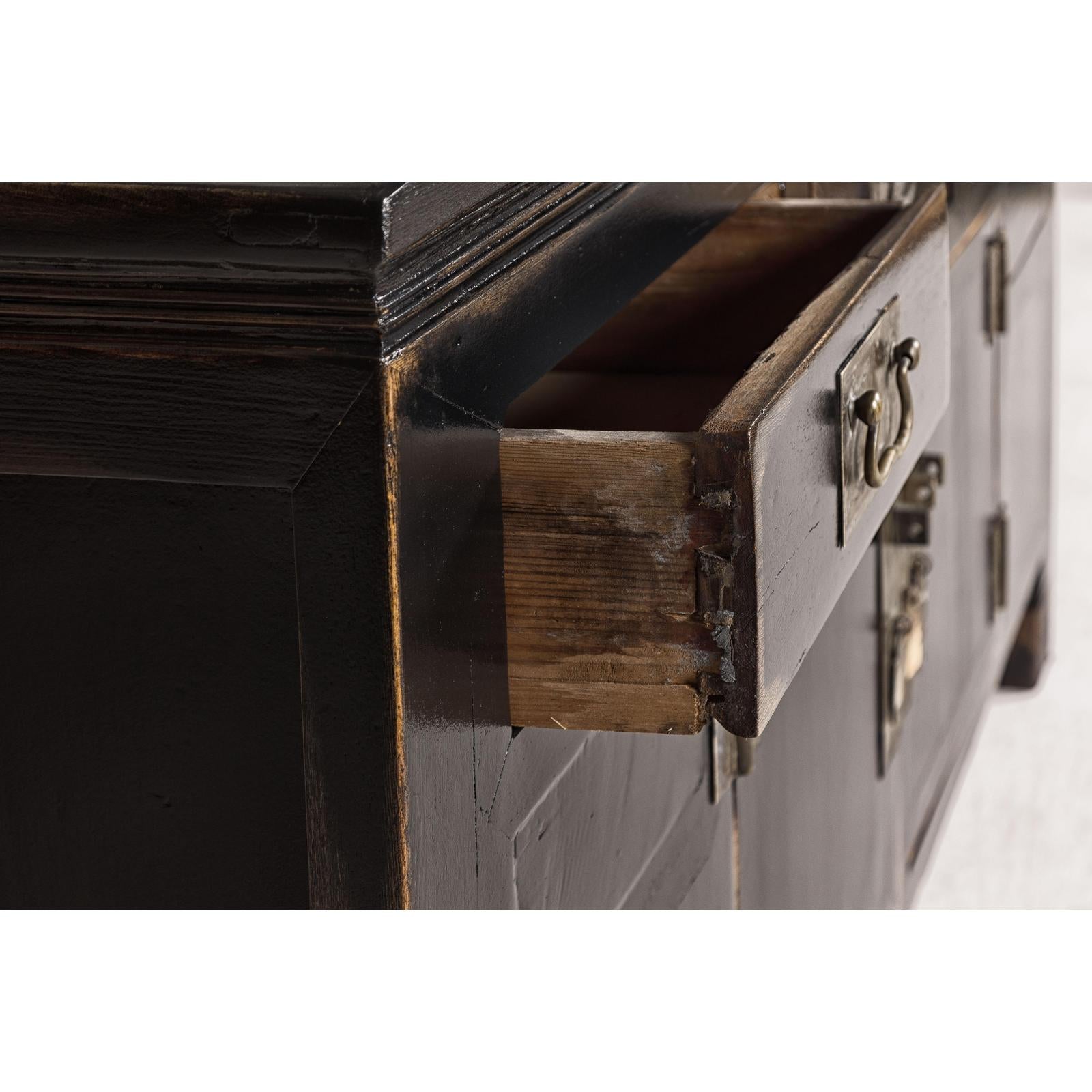 Black Lacquer Sideboard with Rubbed Edges, Brass Hardware, Doors and Drawers