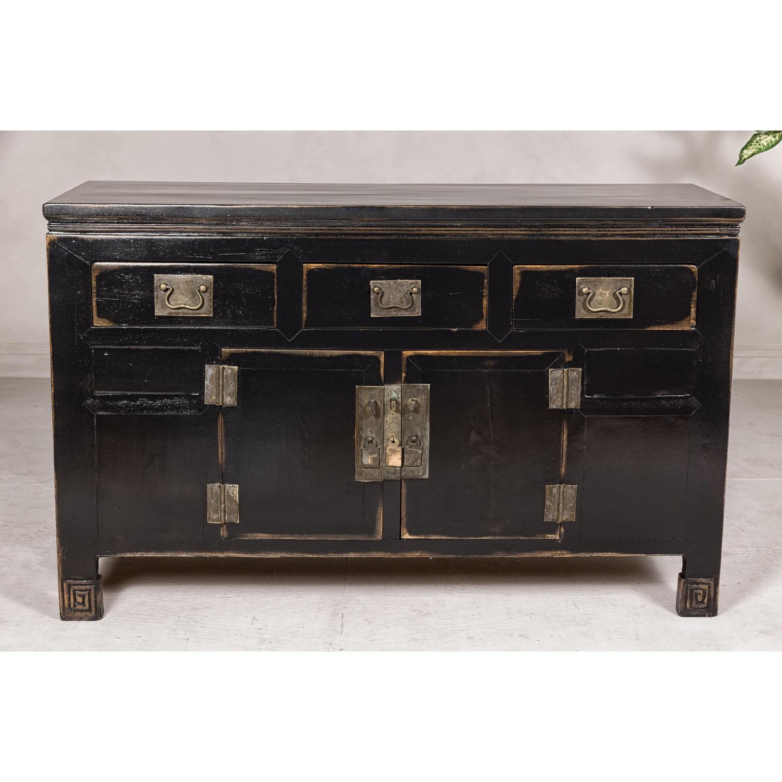 Black Lacquer Sideboard with Rubbed Edges, Brass Hardware, Doors and Drawers