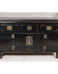 Black Lacquer Sideboard with Rubbed Edges, Brass Hardware, Doors and Drawers