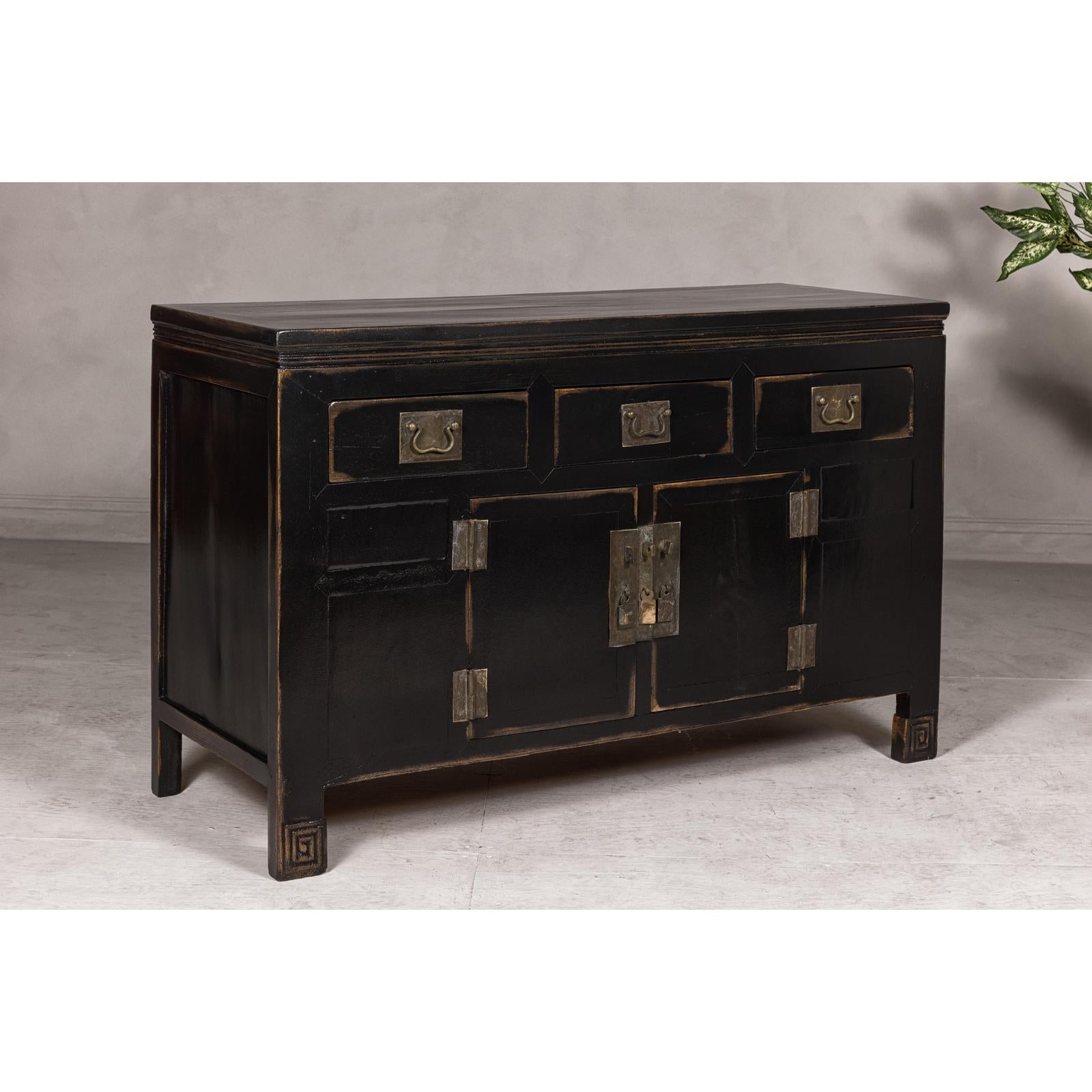 Black Lacquer Sideboard with Rubbed Edges, Brass Hardware, Doors and Drawers