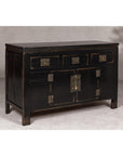 Black Lacquer Sideboard with Rubbed Edges, Brass Hardware, Doors and Drawers