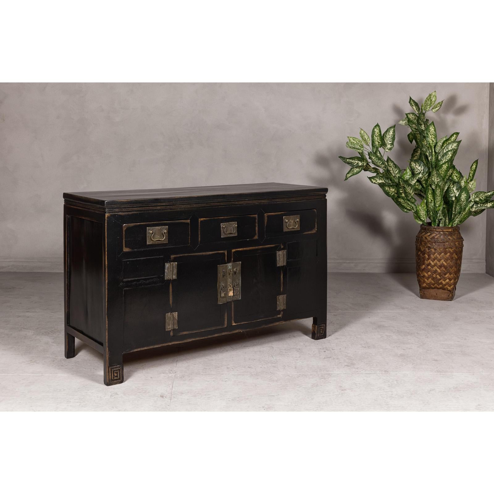 Black Lacquer Sideboard with Rubbed Edges, Brass Hardware, Doors and Drawers