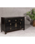 Black Lacquer Sideboard with Rubbed Edges, Brass Hardware, Doors and Drawers