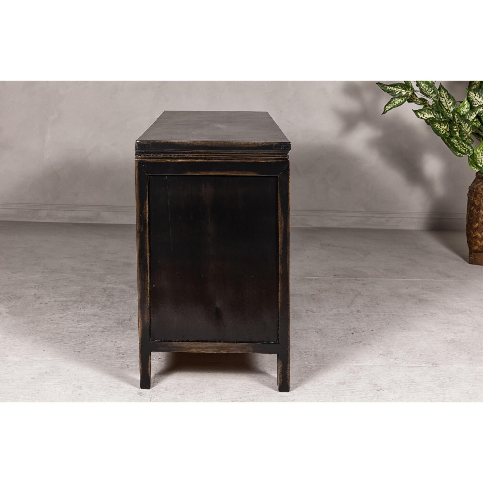 Black Lacquer Sideboard with Rubbed Edges, Brass Hardware, Doors and Drawers