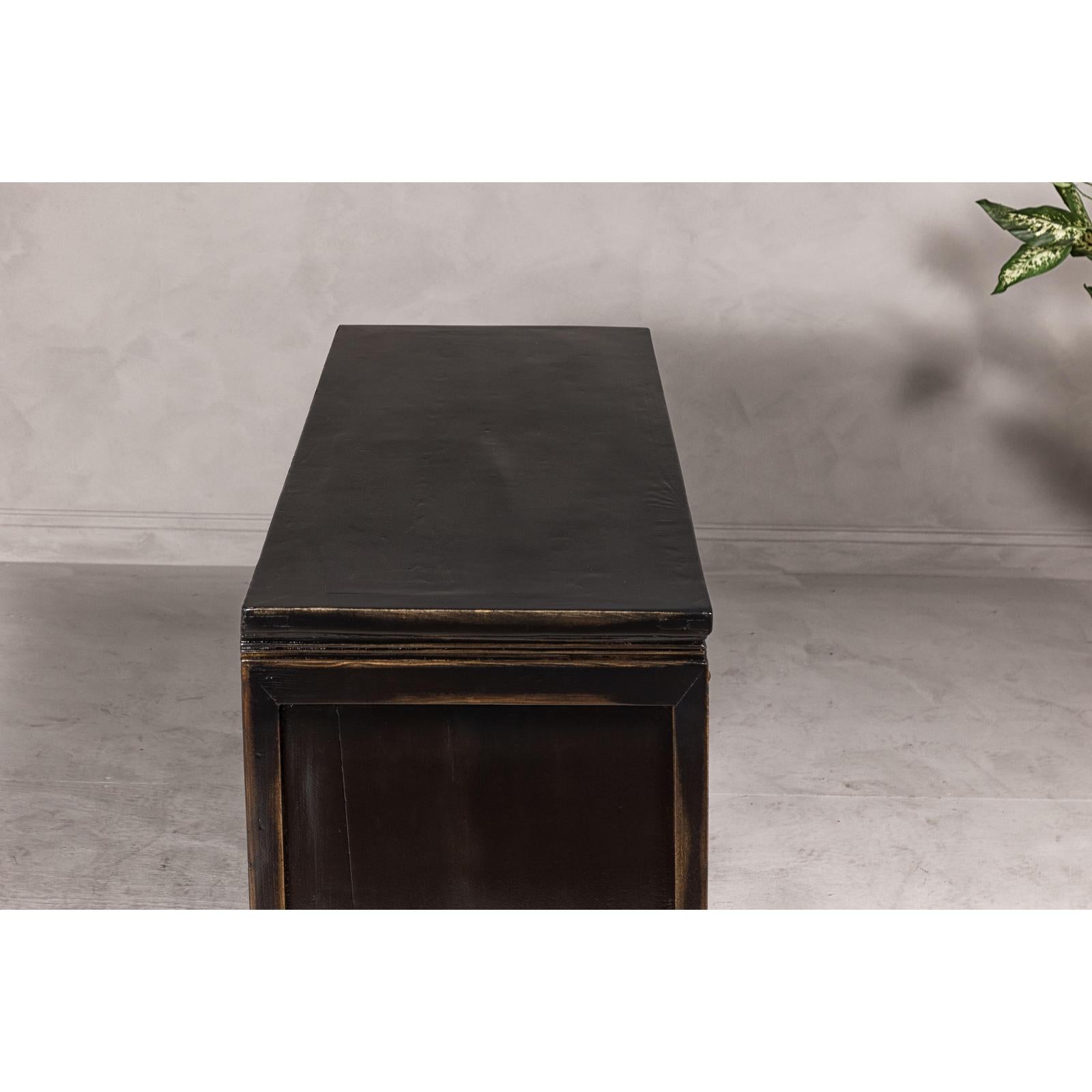 Black Lacquer Sideboard with Rubbed Edges, Brass Hardware, Doors and Drawers