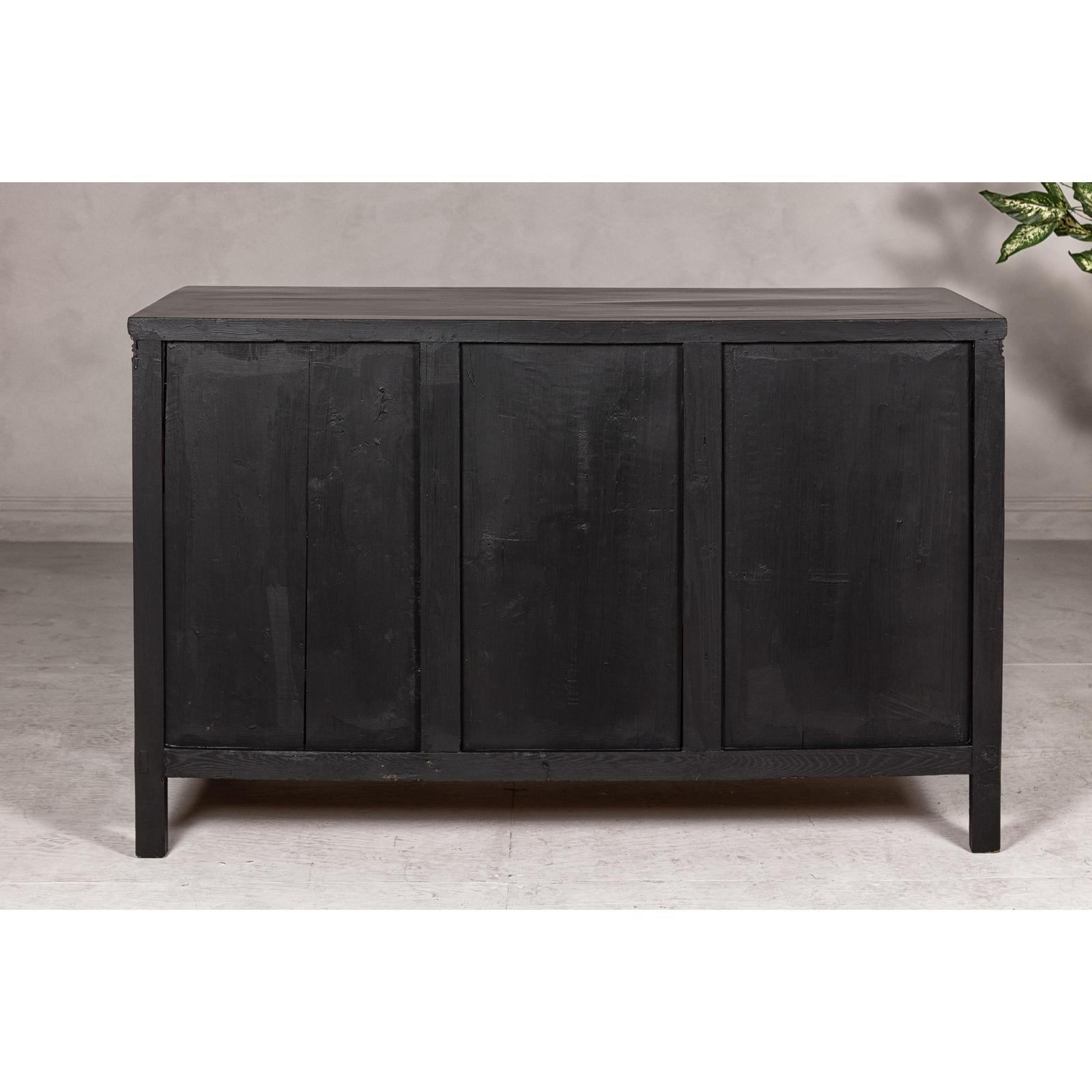 Black Lacquer Sideboard with Rubbed Edges, Brass Hardware, Doors and Drawers