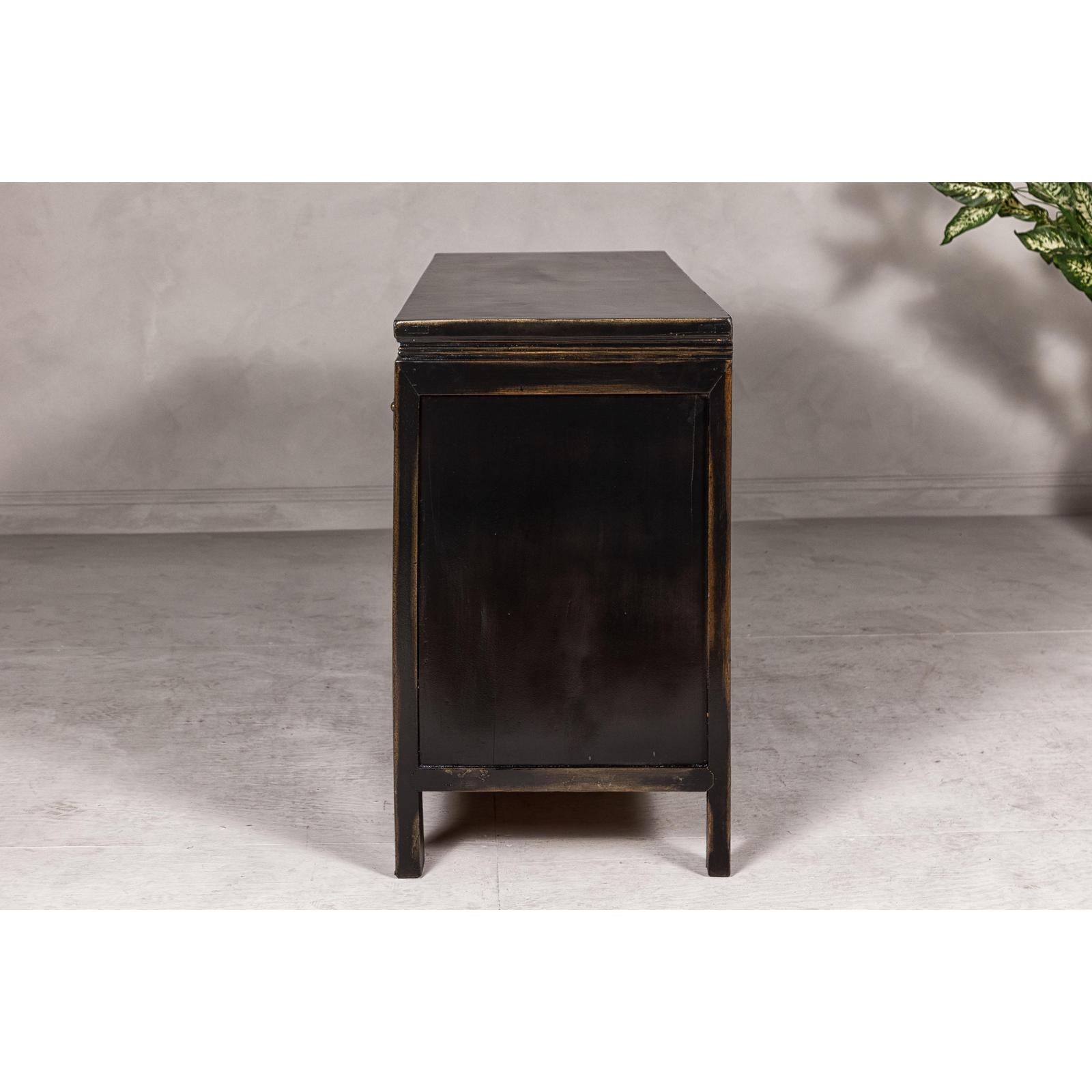 Black Lacquer Sideboard with Rubbed Edges, Brass Hardware, Doors and Drawers