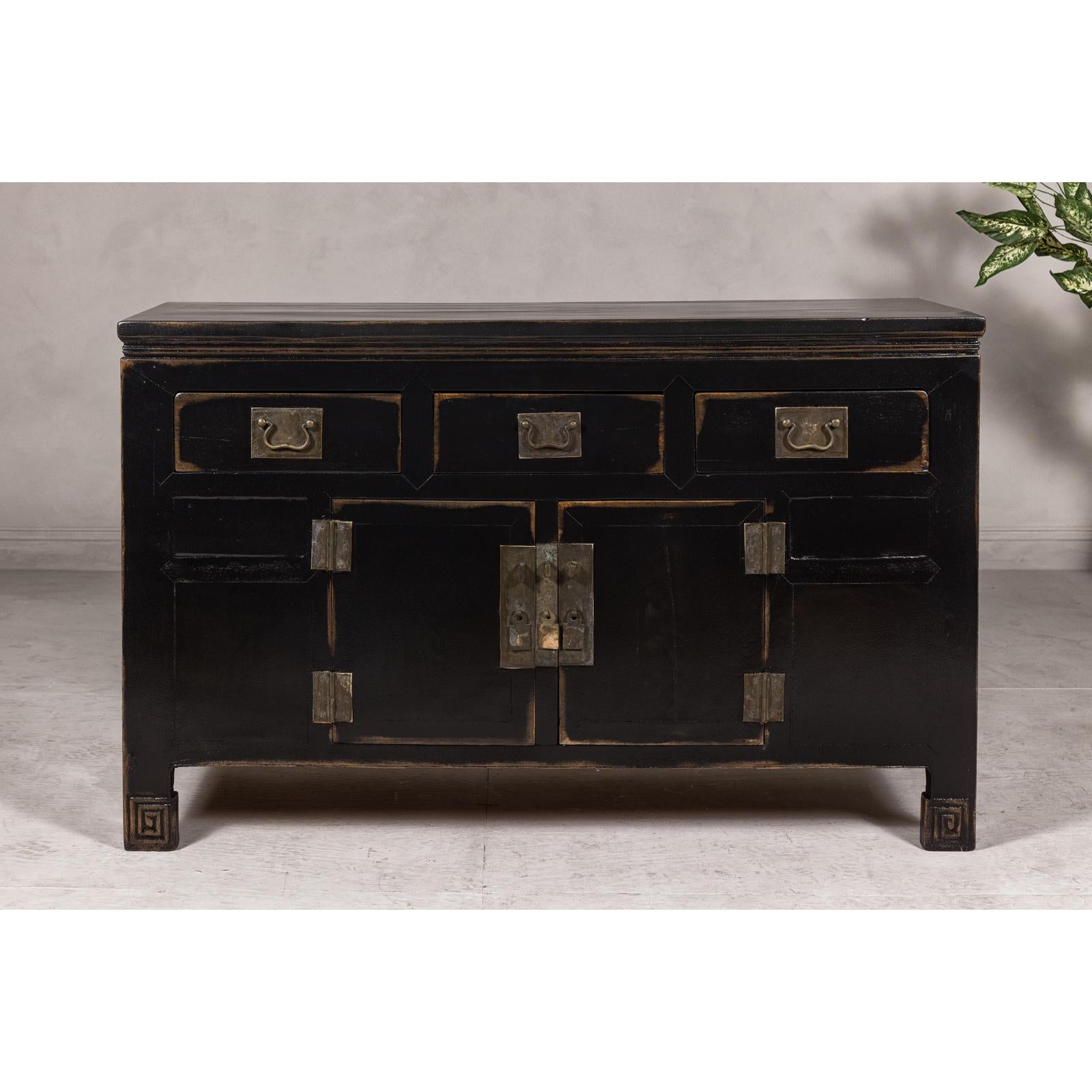 Black Lacquer Sideboard with Rubbed Edges, Brass Hardware, Doors and Drawers