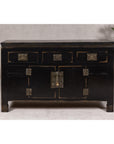 Black Lacquer Sideboard with Rubbed Edges, Brass Hardware, Doors and Drawers