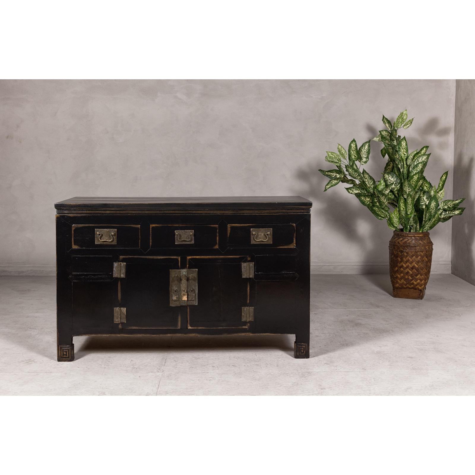 Black Lacquer Sideboard with Rubbed Edges, Brass Hardware, Doors and Drawers