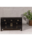 Black Lacquer Sideboard with Rubbed Edges, Brass Hardware, Doors and Drawers