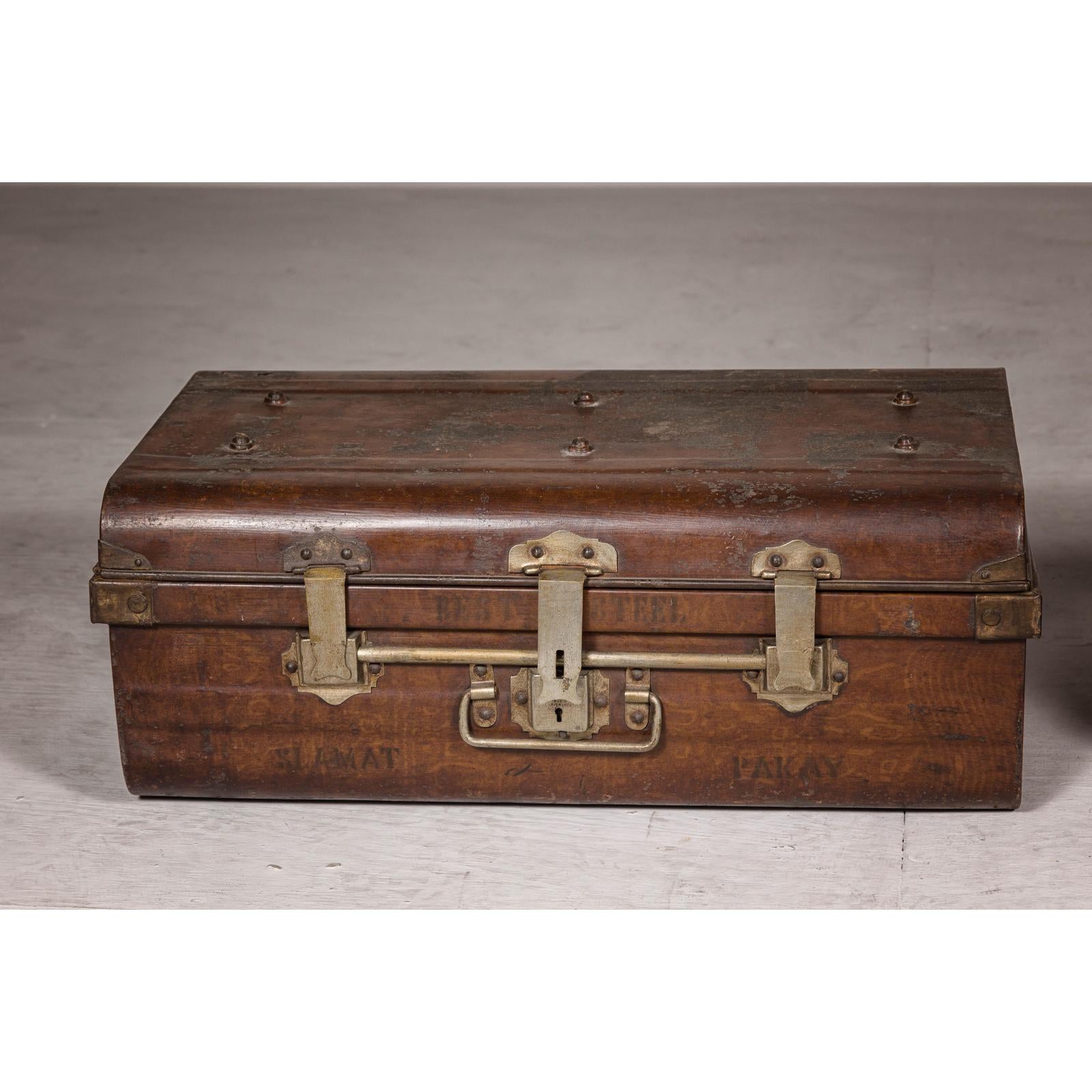 Set of Three British 1920s Metal Traveling Trunks for Export with Brass Hardware