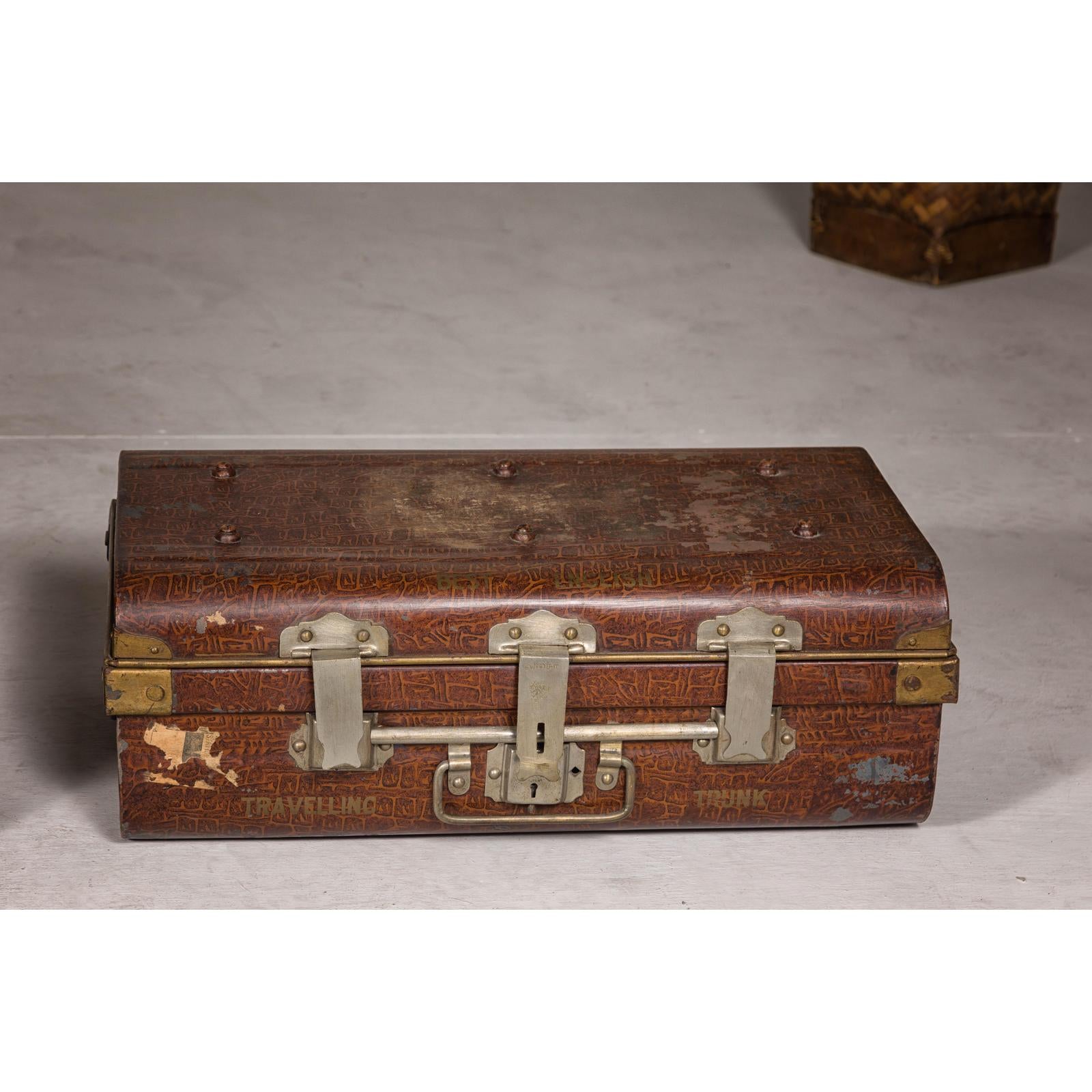 Set of Three British 1920s Metal Traveling Trunks for Export with Brass Hardware
