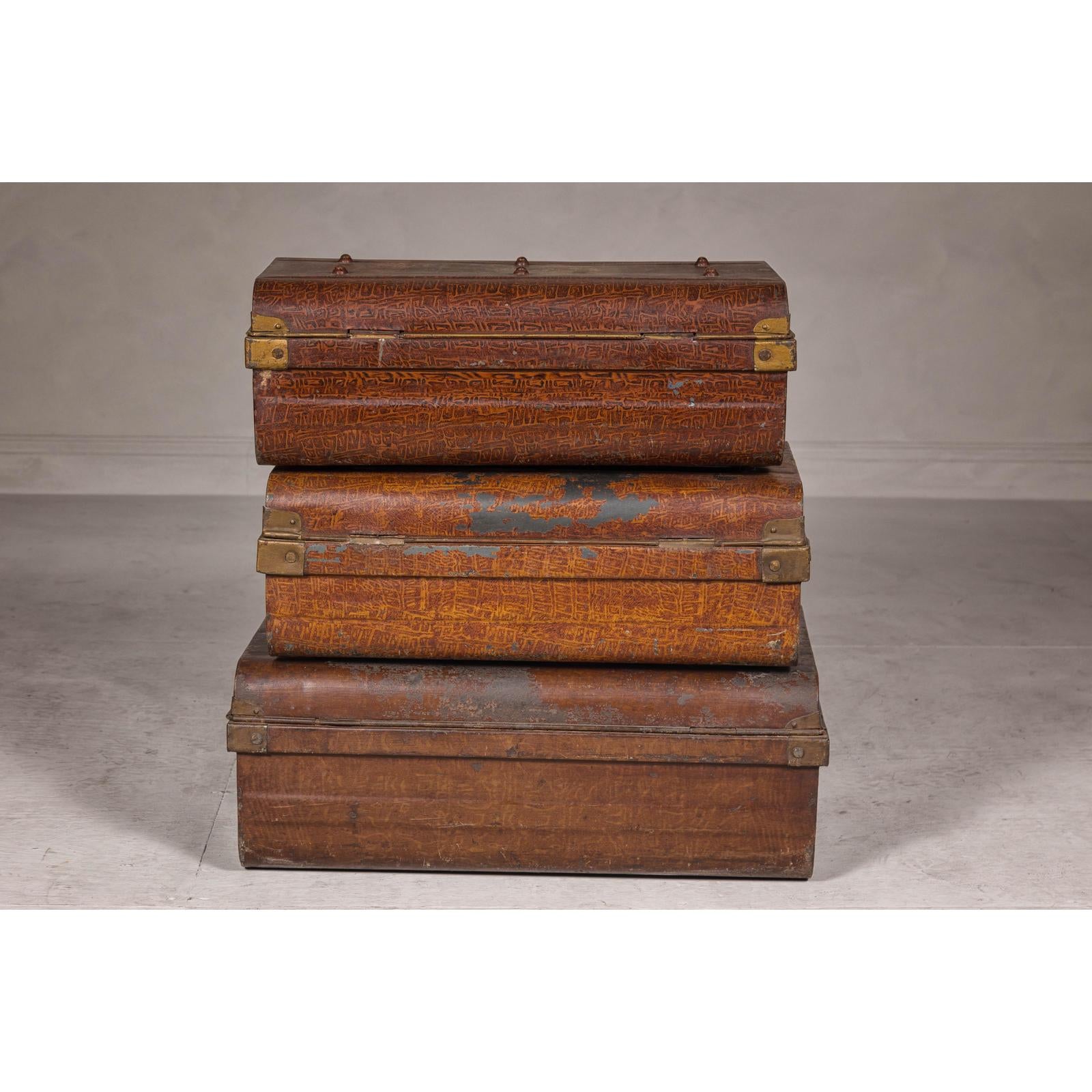 Set of Three British 1920s Metal Traveling Trunks for Export with Brass Hardware