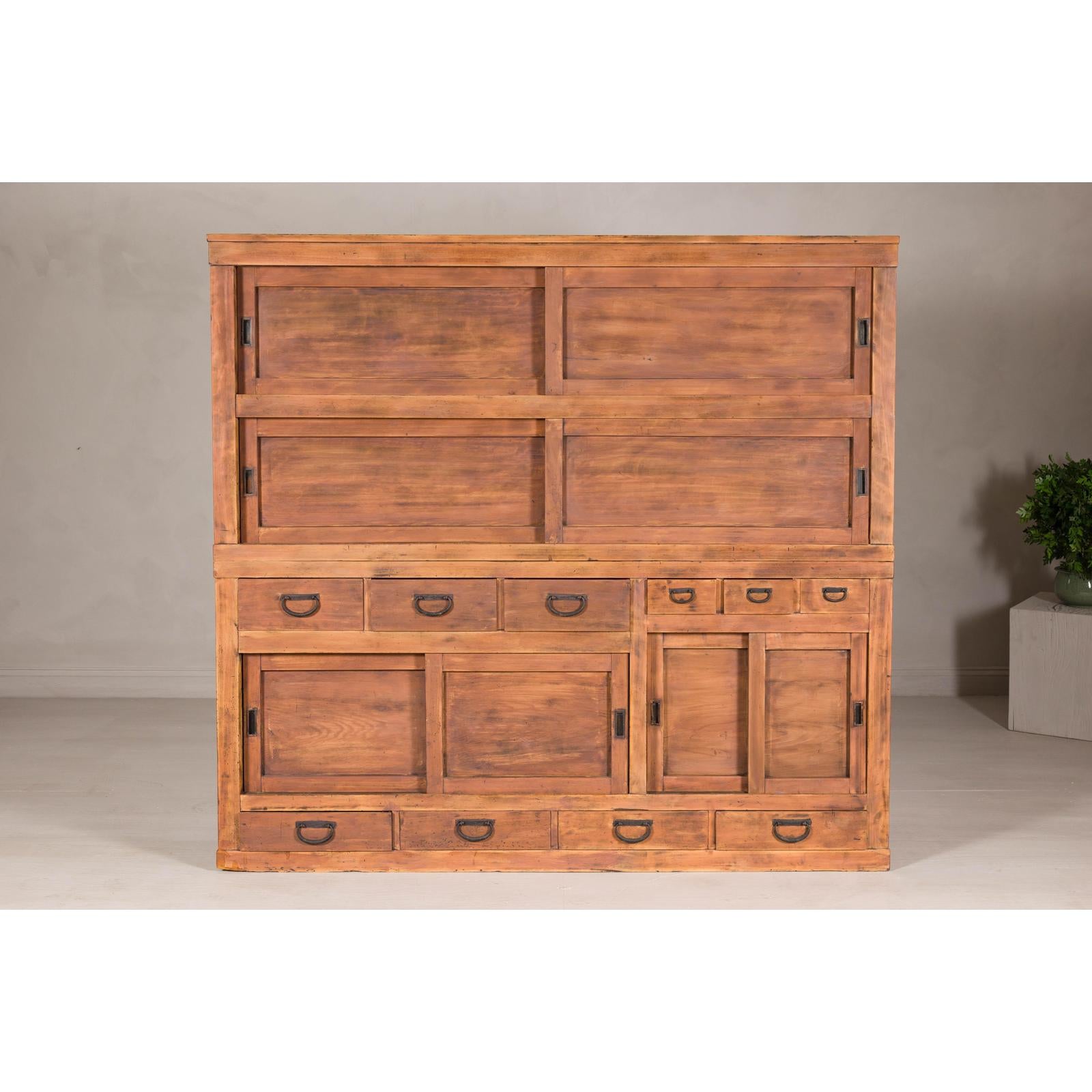 Antique Japanese Taishō Two-Part Tansu Chest with Drawers and Sliding Doors