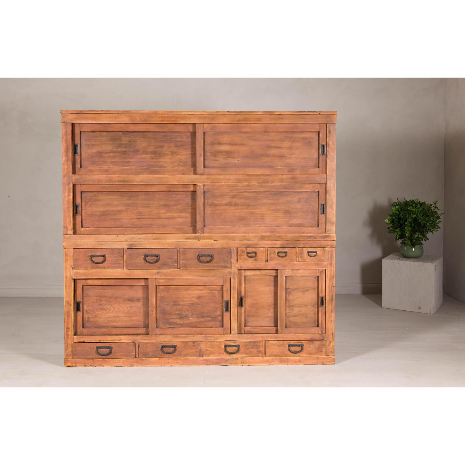 Antique Japanese Taishō Two-Part Tansu Chest with Drawers and Sliding Doors