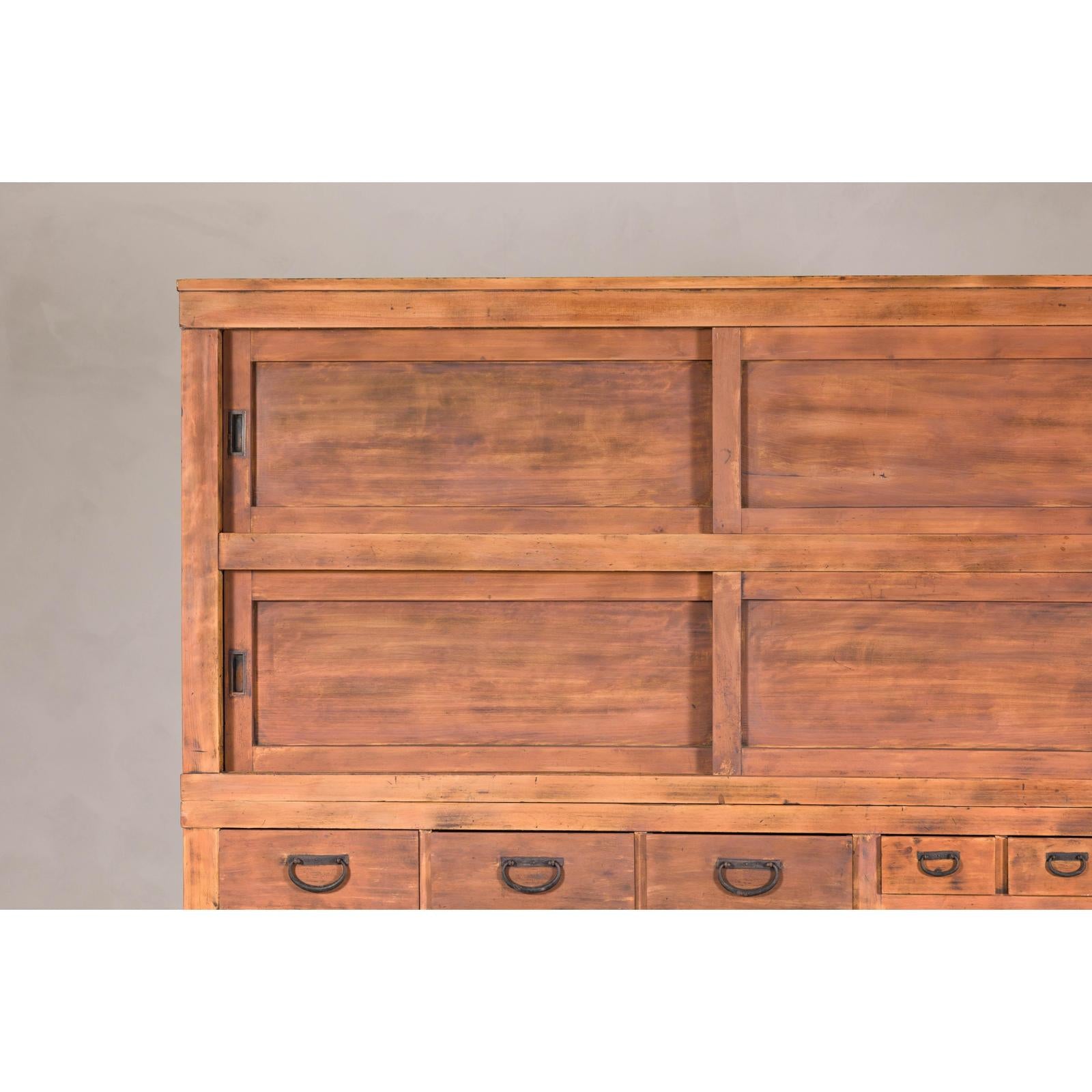 Antique Japanese Taishō Two-Part Tansu Chest with Drawers and Sliding Doors