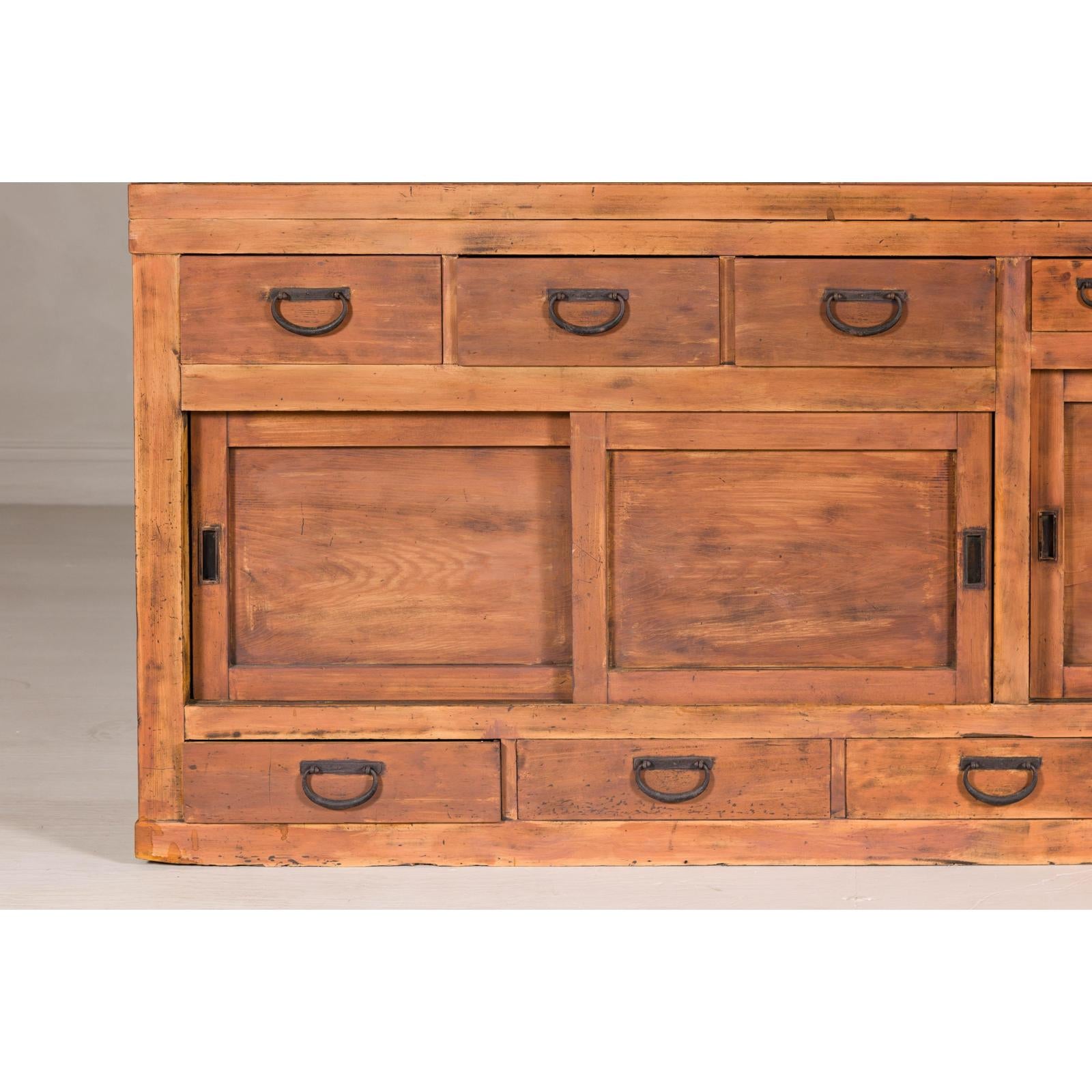 Antique Japanese Taishō Two-Part Tansu Chest with Drawers and Sliding Doors