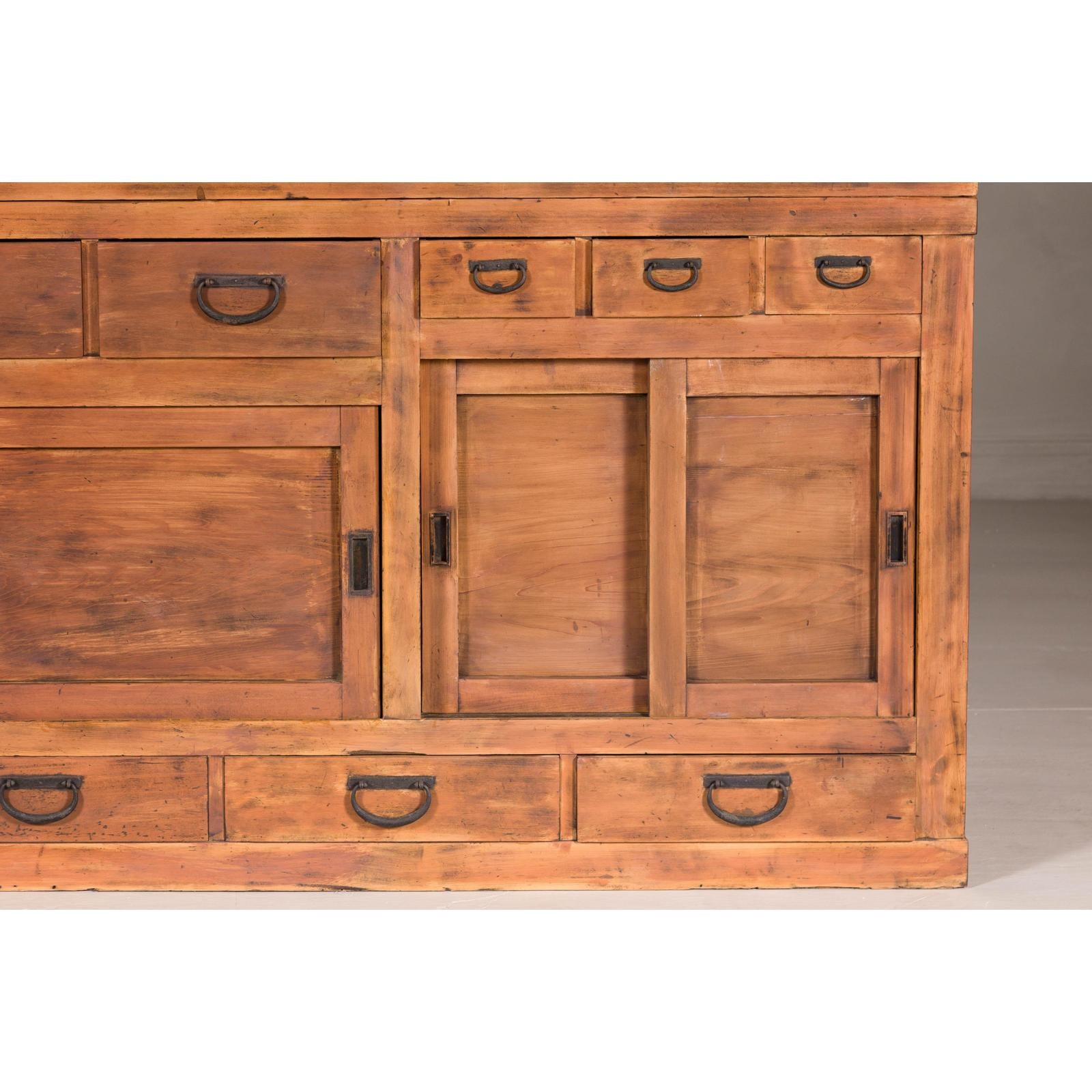 Antique Japanese Taishō Two-Part Tansu Chest with Drawers and Sliding Doors