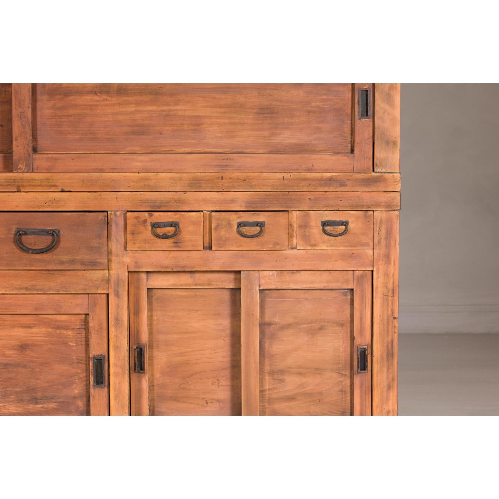Antique Japanese Taishō Two-Part Tansu Chest with Drawers and Sliding Doors