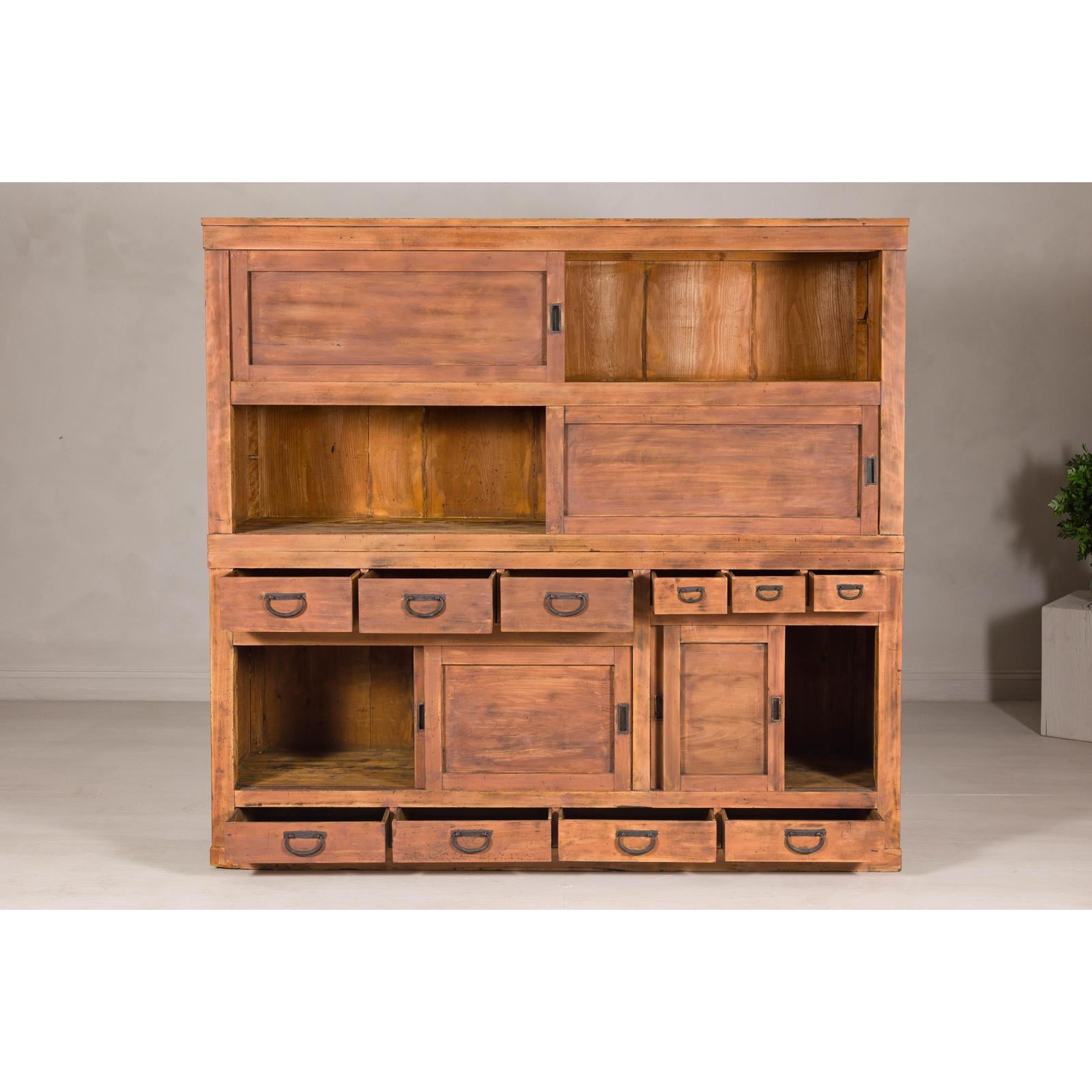 Antique Japanese Taishō Two-Part Tansu Chest with Drawers and Sliding Doors