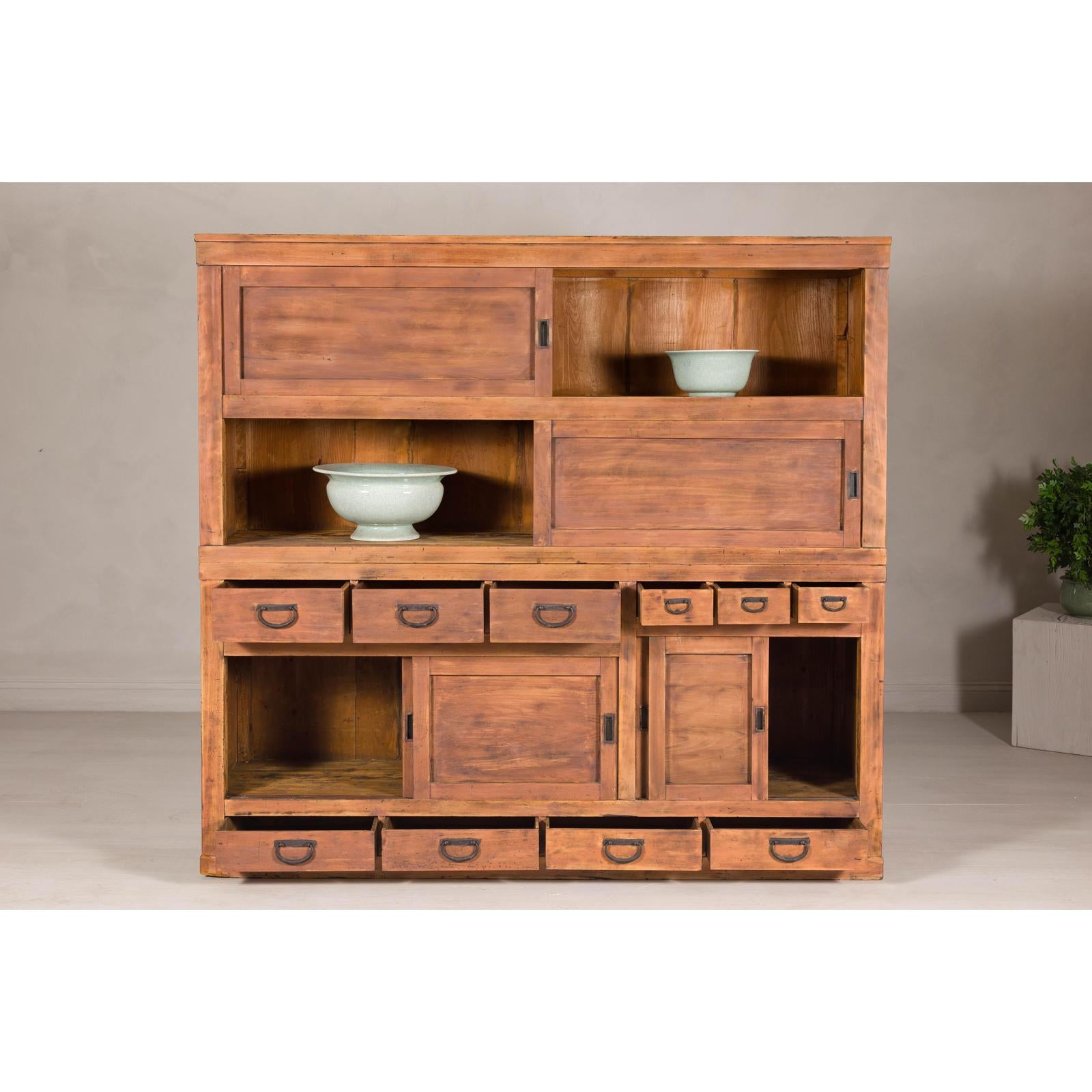 Antique Japanese Taishō Two-Part Tansu Chest with Drawers and Sliding Doors