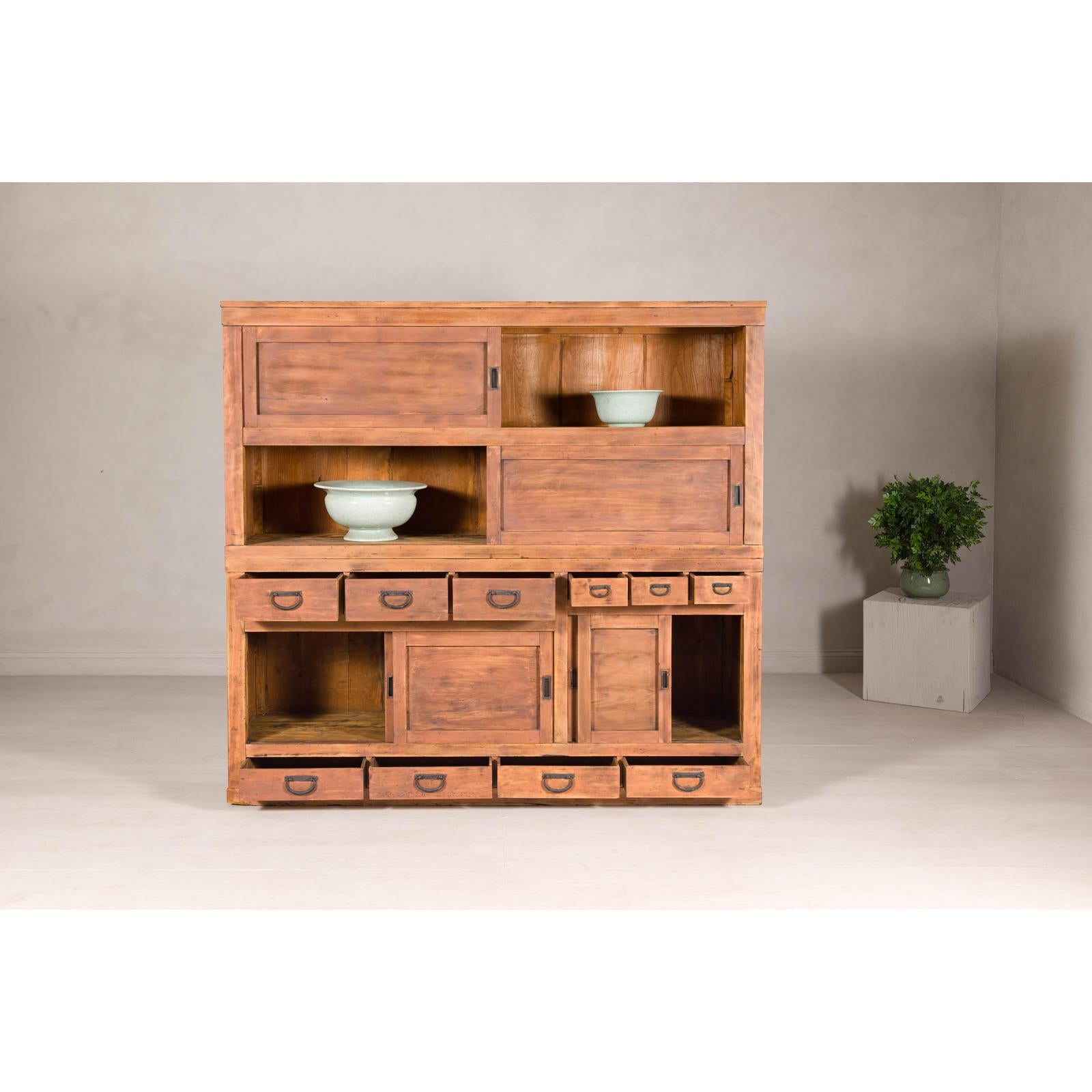 Antique Japanese Taishō Two-Part Tansu Chest with Drawers and Sliding Doors