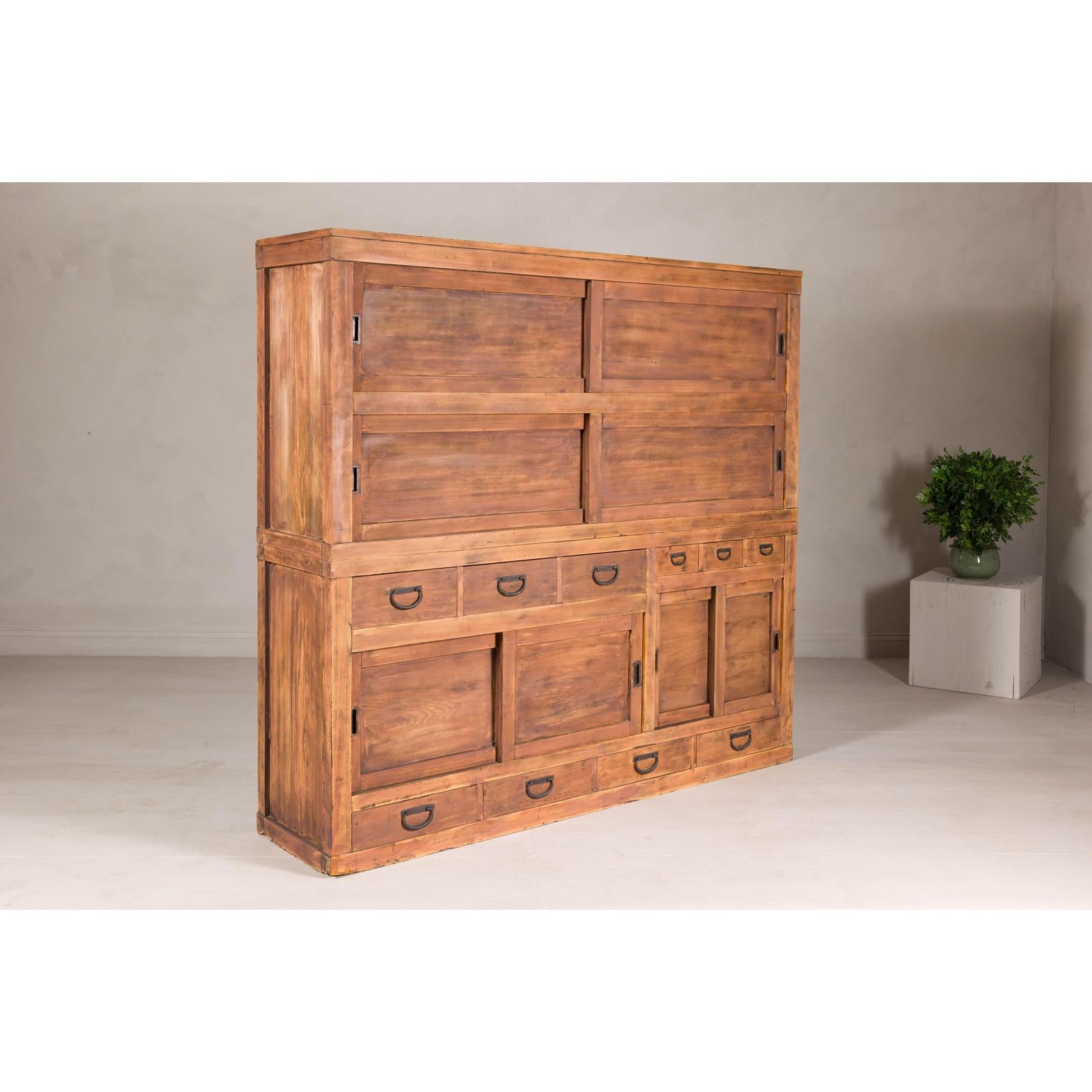 Antique Japanese Taishō Two-Part Tansu Chest with Drawers and Sliding Doors