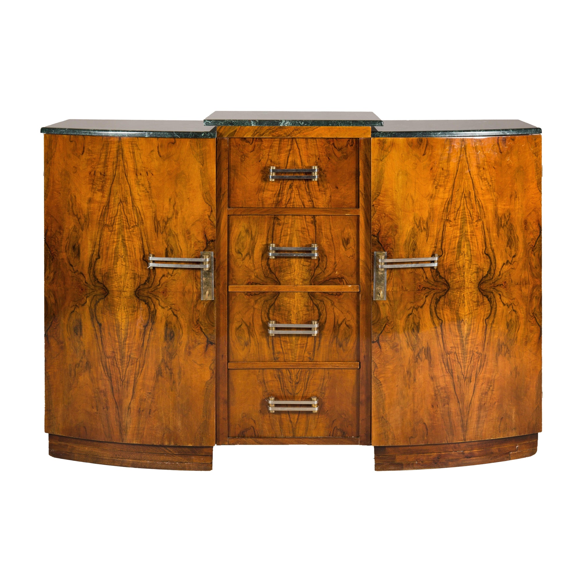Art Deco Burl Walnut Buffet with Green Marble Top and Shelved Interior