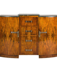 Art Deco Burl Walnut Buffet with Green Marble Top and Shelved Interior