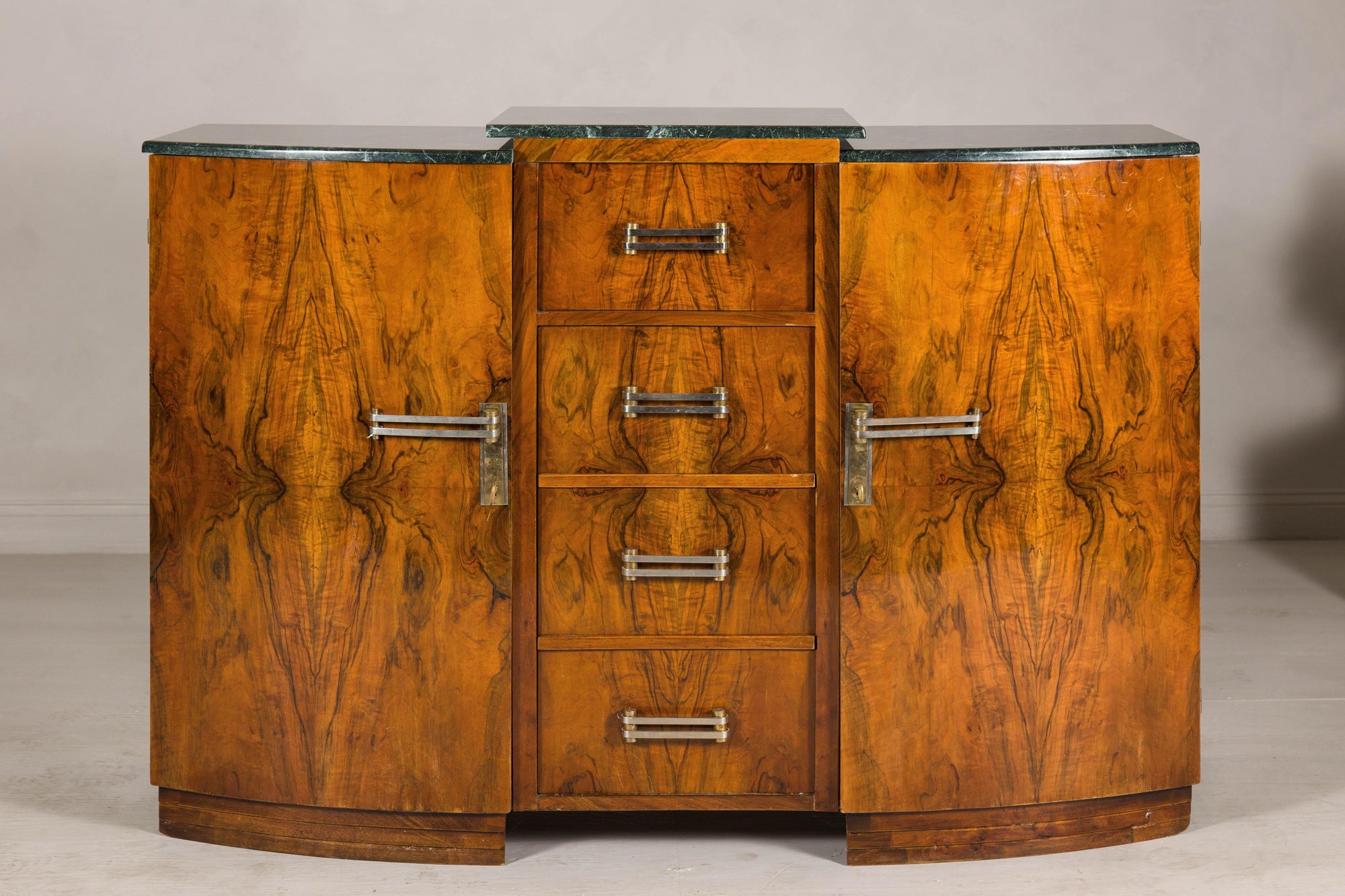 Art Deco Burl Walnut Buffet with Green Marble Top and Shelved Interior