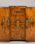 Art Deco Burl Walnut Buffet with Green Marble Top and Shelved Interior