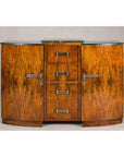 Art Deco Burl Walnut Buffet with Green Marble Top and Shelved Interior