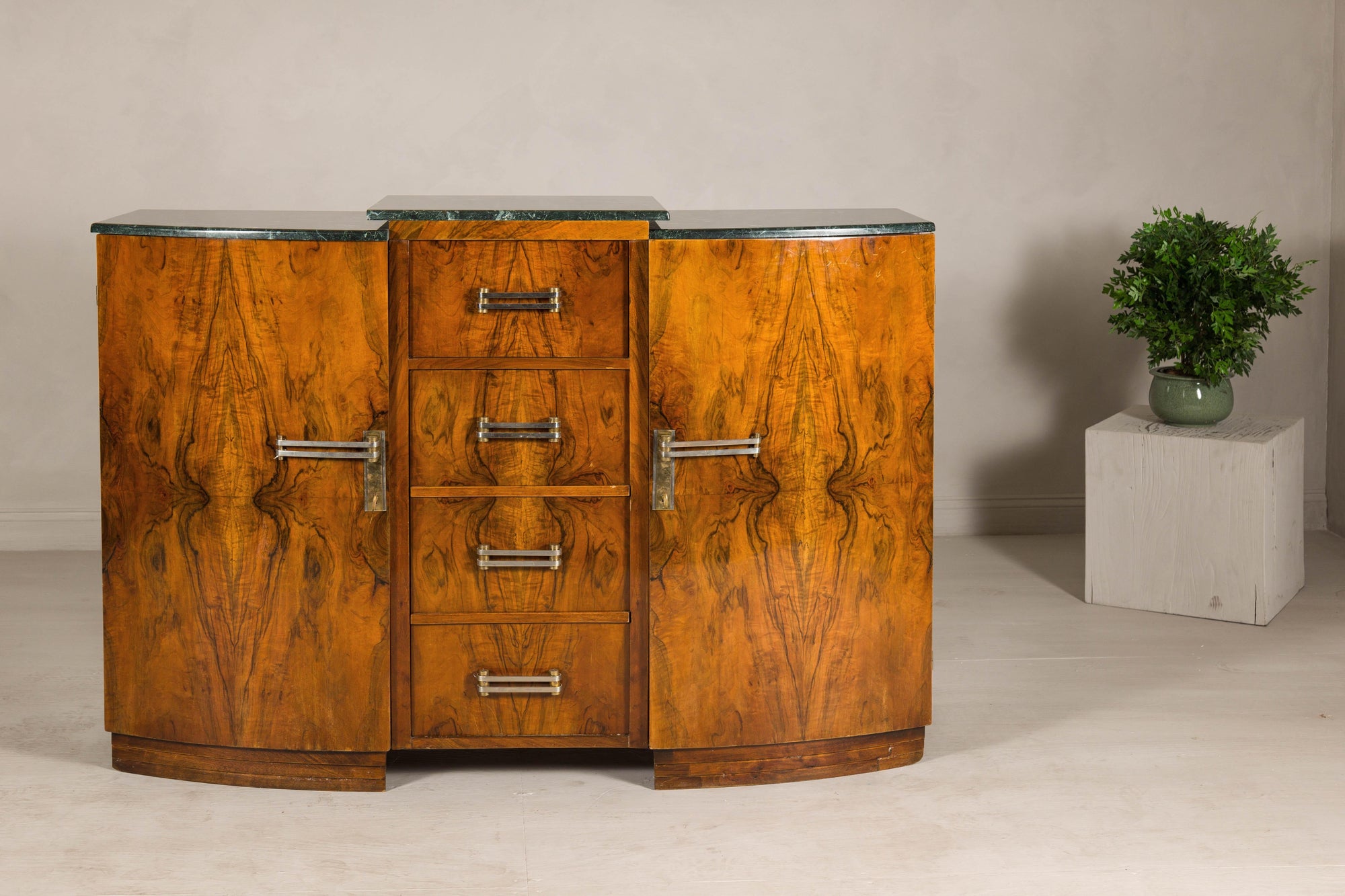 Art Deco Burl Walnut Buffet with Green Marble Top and Shelved Interior