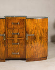 Art Deco Burl Walnut Buffet with Green Marble Top and Shelved Interior