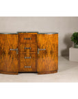 Art Deco Burl Walnut Buffet with Green Marble Top and Shelved Interior