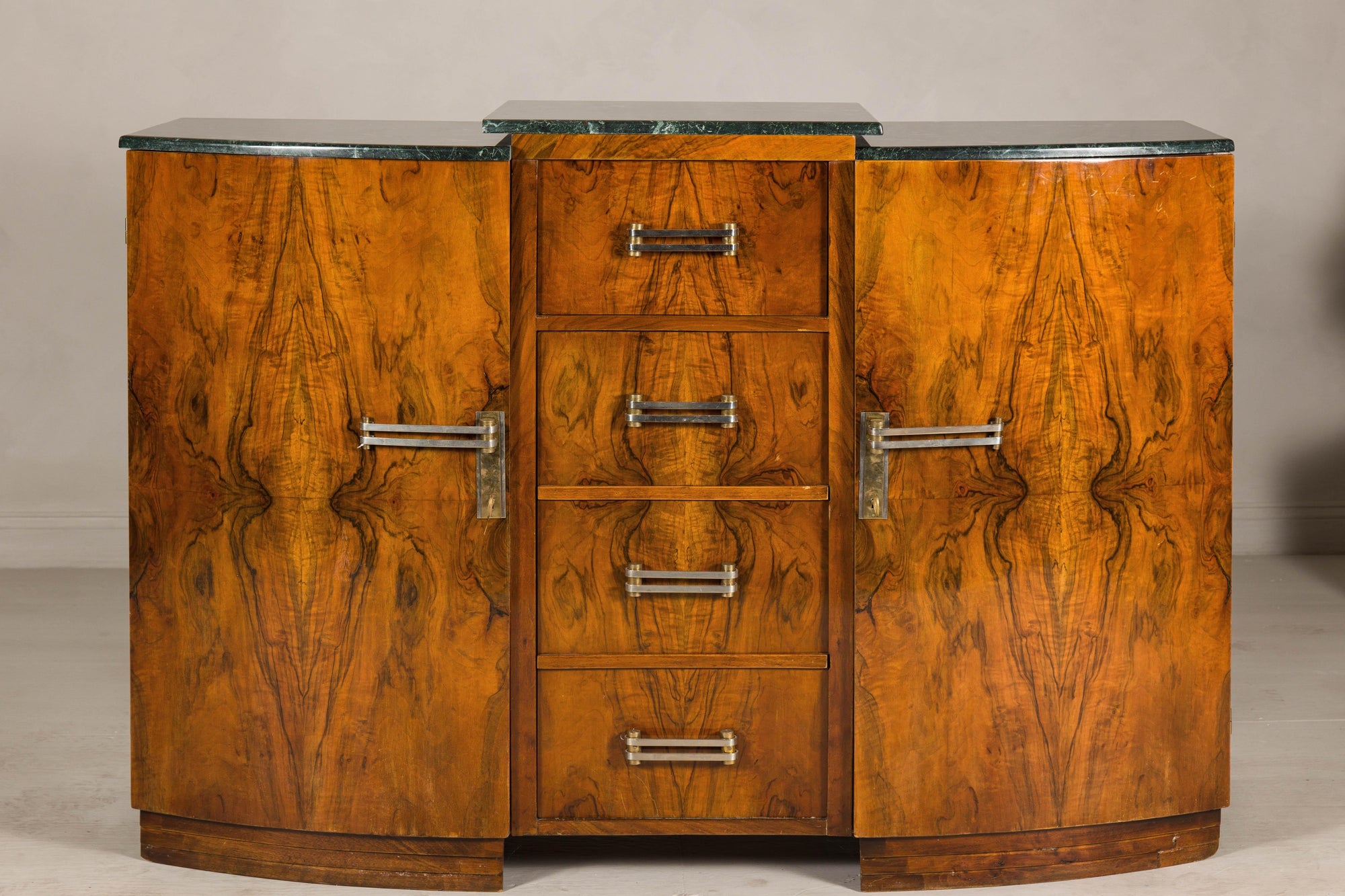 Art Deco Burl Walnut Buffet with Green Marble Top and Shelved Interior