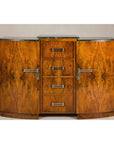 Art Deco Burl Walnut Buffet with Green Marble Top and Shelved Interior