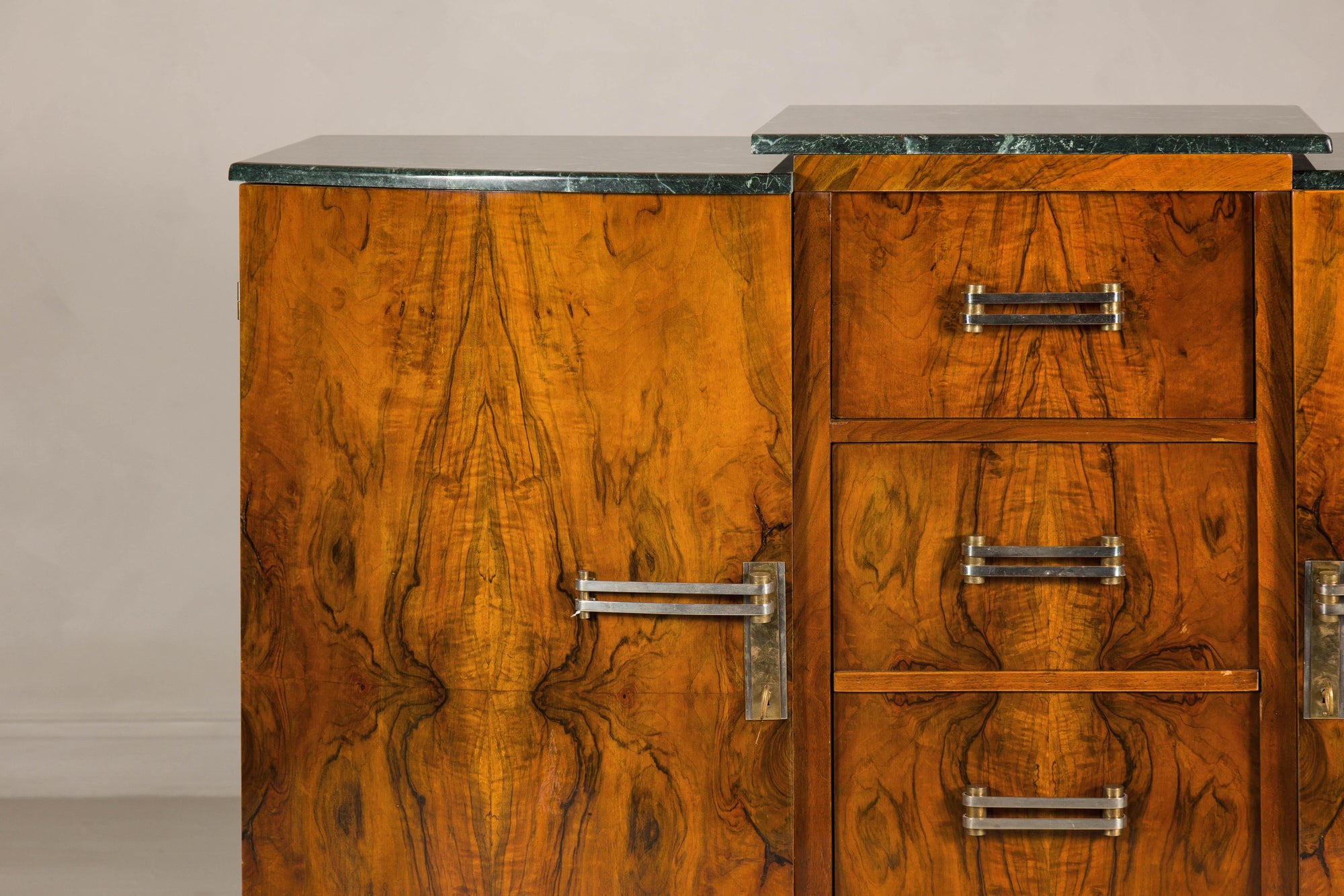 Art Deco Burl Walnut Buffet with Green Marble Top and Shelved Interior
