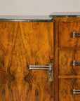 Art Deco Burl Walnut Buffet with Green Marble Top and Shelved Interior