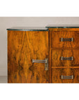 Art Deco Burl Walnut Buffet with Green Marble Top and Shelved Interior