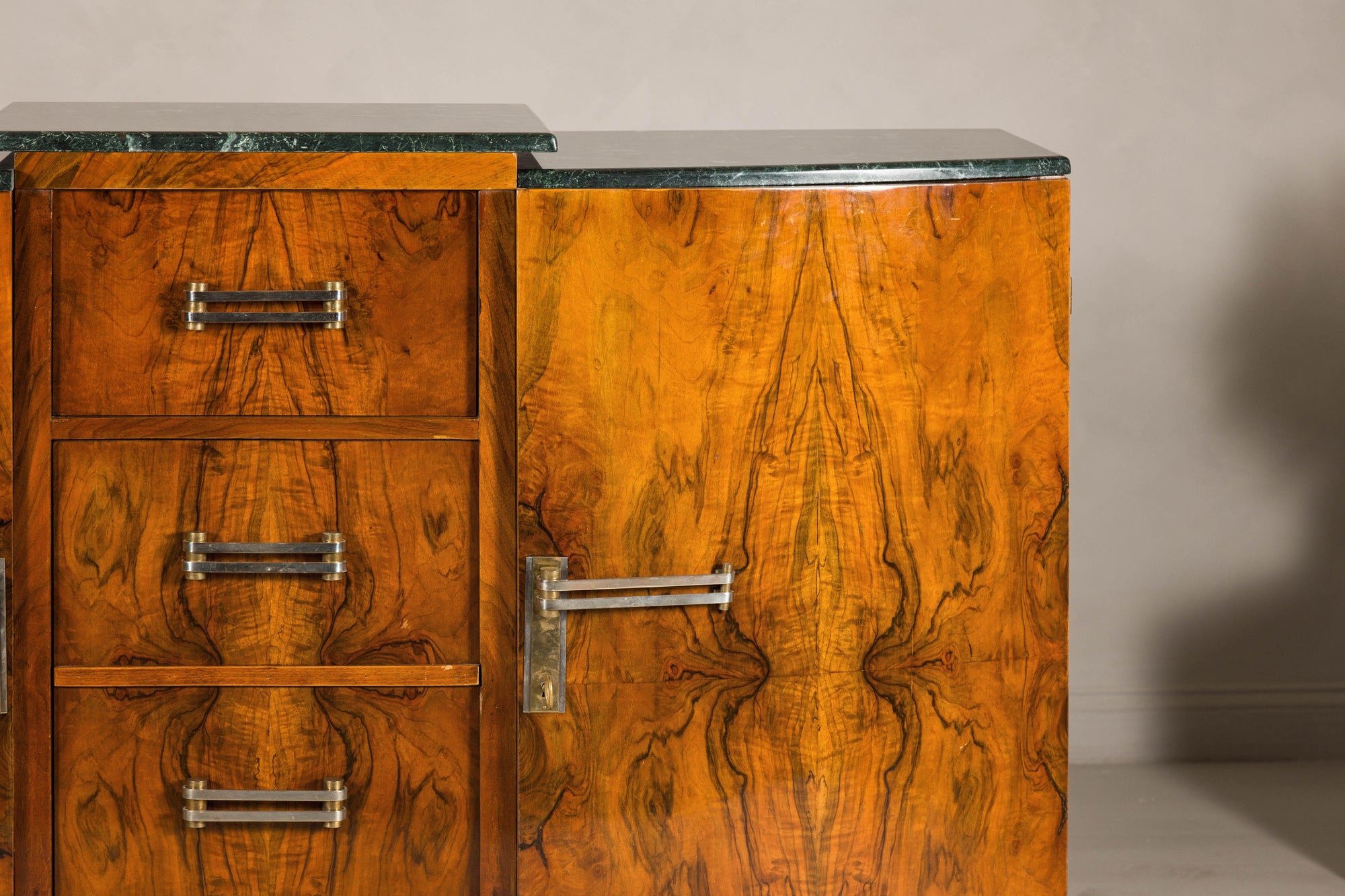 Art Deco Burl Walnut Buffet with Green Marble Top and Shelved Interior