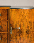 Art Deco Burl Walnut Buffet with Green Marble Top and Shelved Interior