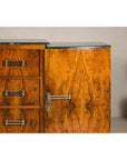 Art Deco Burl Walnut Buffet with Green Marble Top and Shelved Interior