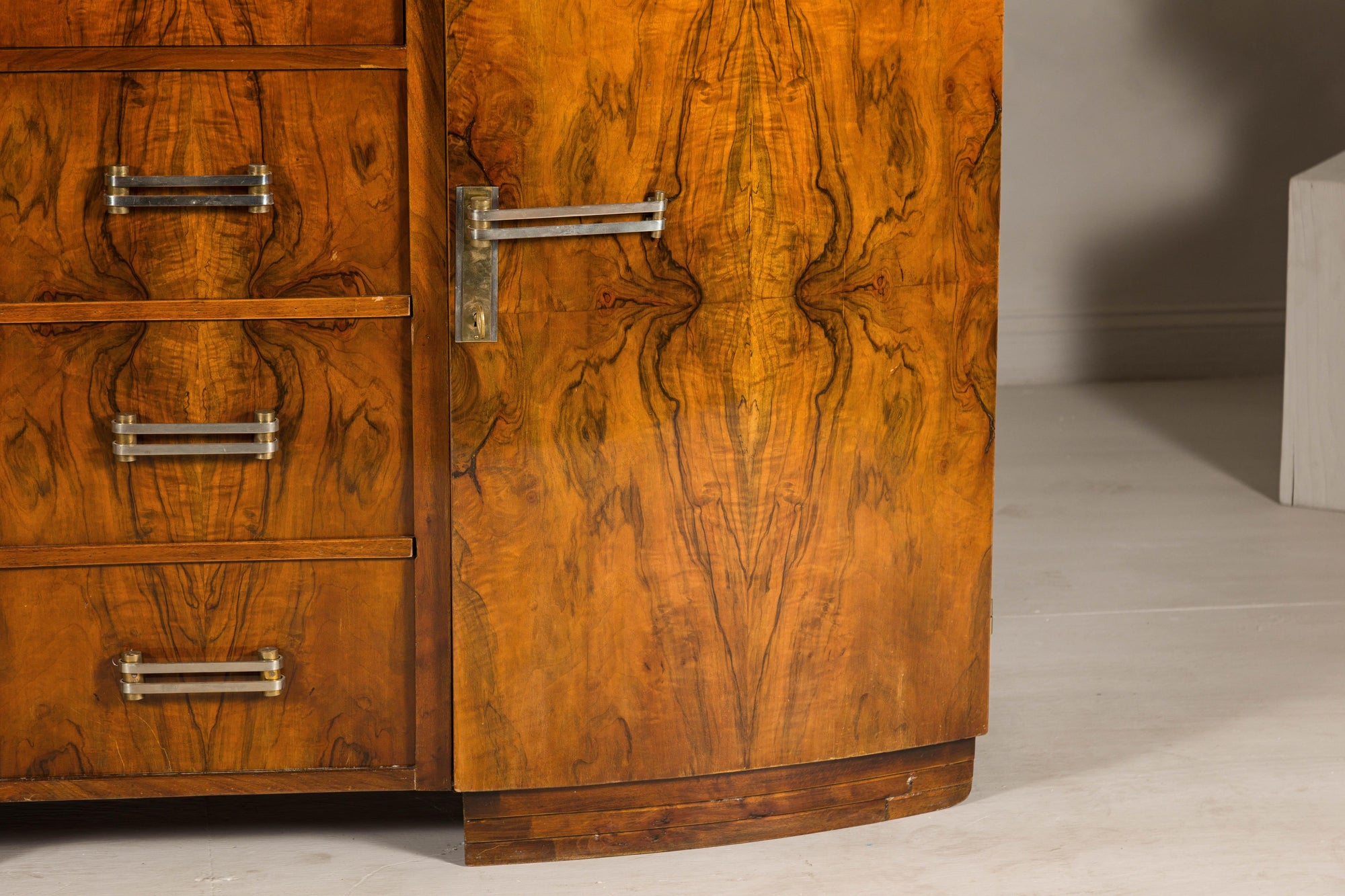 Art Deco Burl Walnut Buffet with Green Marble Top and Shelved Interior