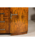Art Deco Burl Walnut Buffet with Green Marble Top and Shelved Interior